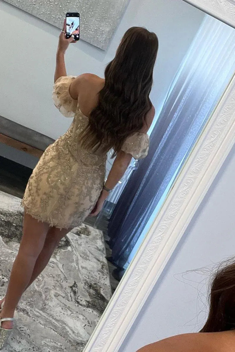 3D Lace Bodycon Off Shoulder Puff Sleeve Zip Mini Homecoming Dress