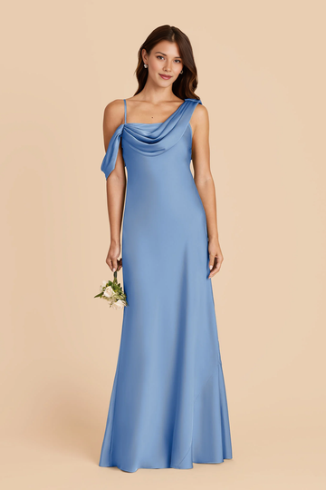 Asymmetric Off-the-Shoulder Cowl Neck Satin Mermaid Bridesmaid Maxi Dress