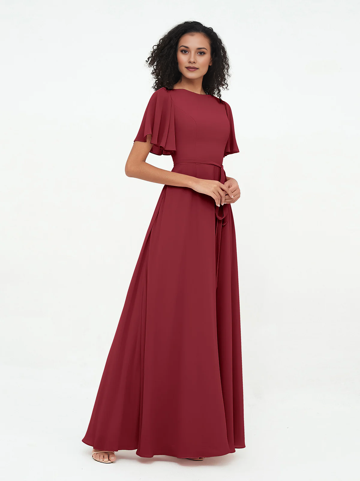 Boat Neck Flutter Sleeve Chiffon Maxi Bridesmaid Dress with Waist Tie
