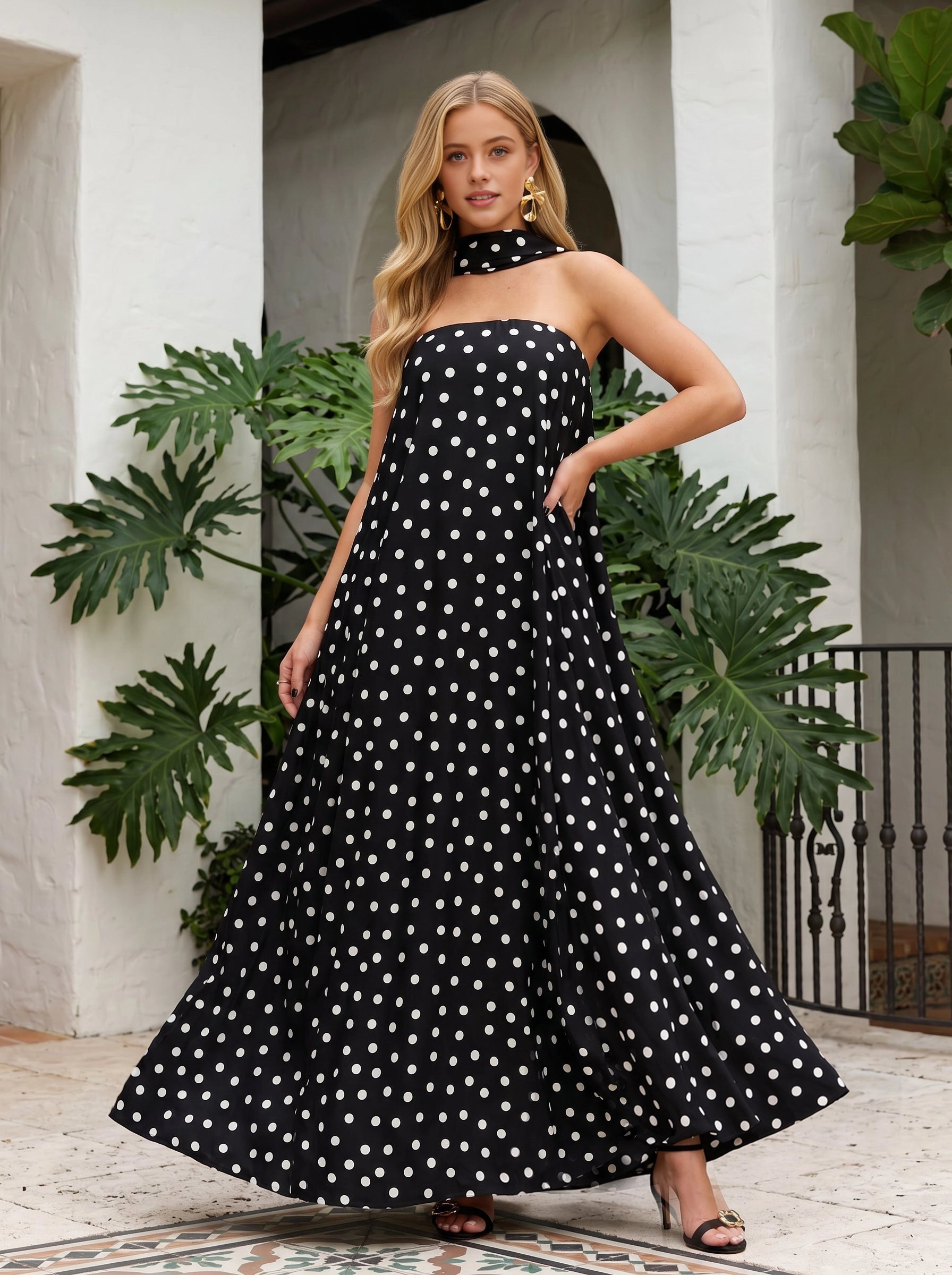 Vintage A‑Line Halter Sleeveless Tie‑Back Long Bridesmaid Dress