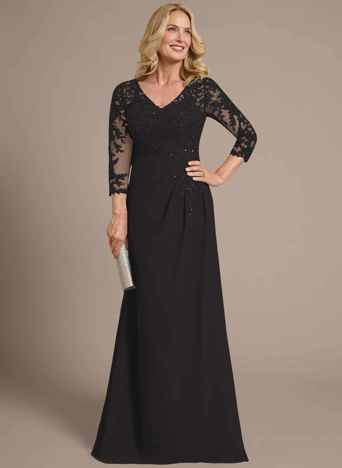 Elegant A‑Line V‑Neck Lace 3/4 Sleeve Zipper Back Floor‑Length Mother Of The Bride Dress