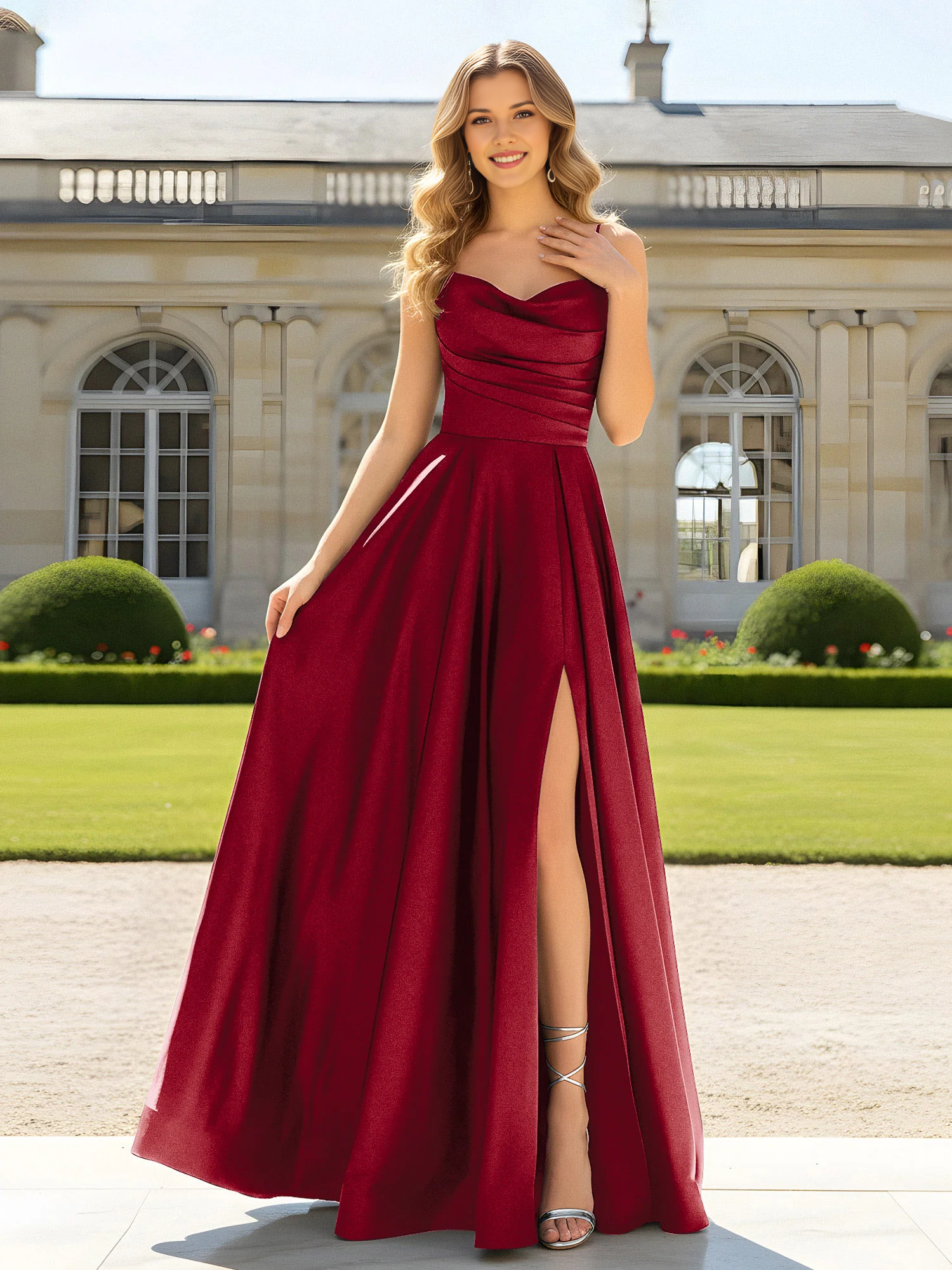 Vestido de noche de raso con tirantes finos y corte en A con abertura alta - Vestido formal de graduación e invitada de boda