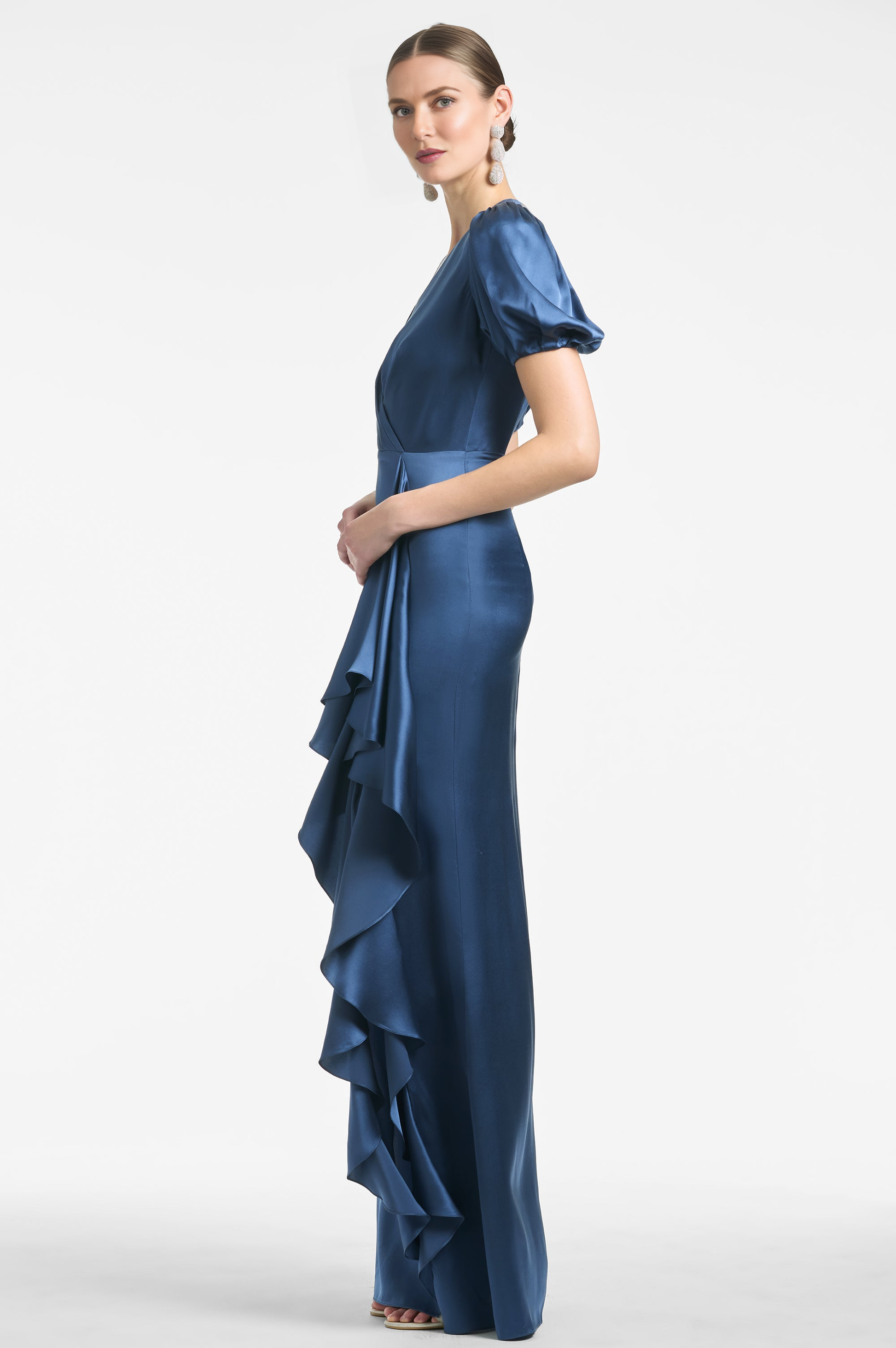 Women's Elegant V-Neck Puff Sleeve Gown with Asymmetric Ruffle Detail