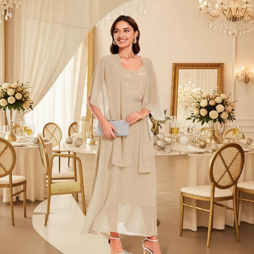 Champagne Chiffon Mother of the Bride Dress with Sheer Shawl - Ankle-Length Formal Gown for Wedding Guest