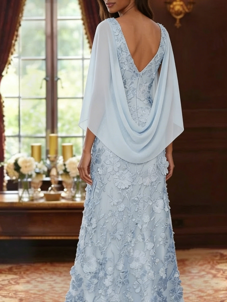A-Line Scoop Chiffon Maxi Formal Mother of the Bride Dresses Lace Floral Floor-Length Cape Sleeves Evening Gown