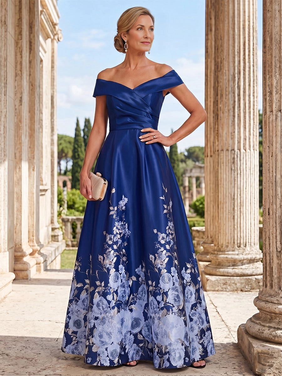 Luxury A‑Line Off‑The‑Shoulder Cap‑Sleeve Zip‑Back Long Mother Of The Bride Dress