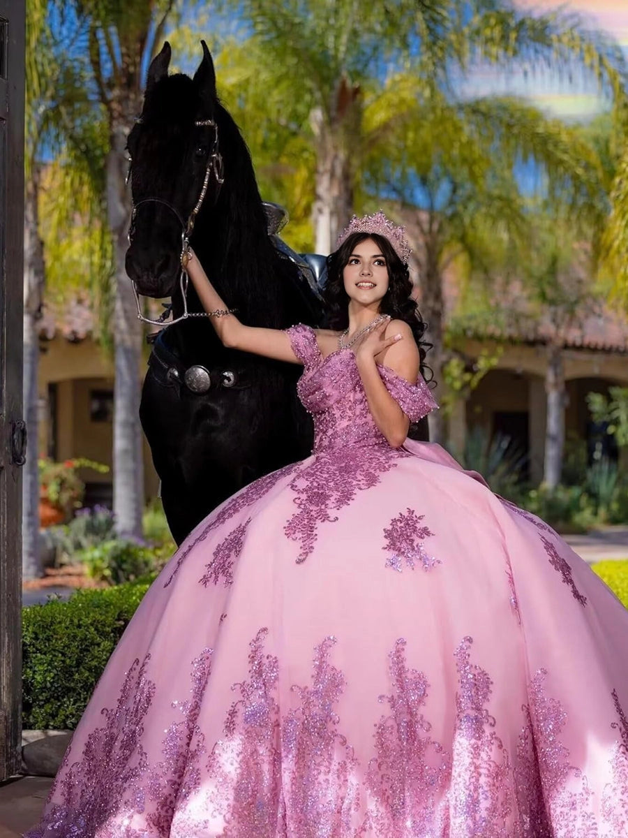 Off Shoulder Ball Gown Lace-Up Back Court Train Quinceanera Dress
