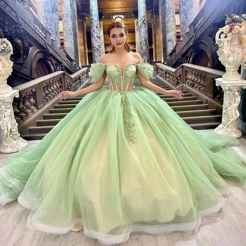 Lime Green Ballgown Sweetheart Off Shoulder Puff Sleeve Lace-up Back Sweep Train Quinceañera Dress