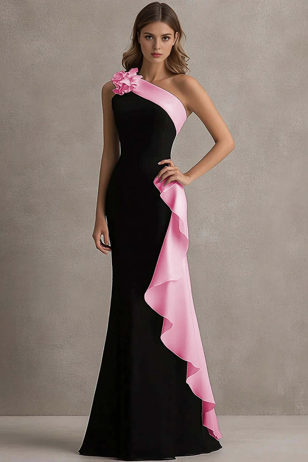 Black White Mermaid One Shoulder Closed Back Long Prom Dress