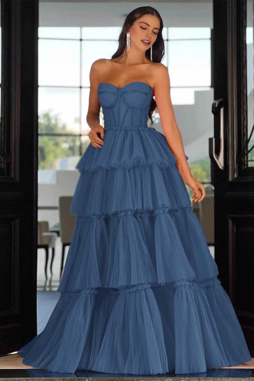 Vibrant Hot‑Pink A‑Line Strapless Sleeveless Lace‑Up‑Back Tiered Floor‑Length Prom Dress