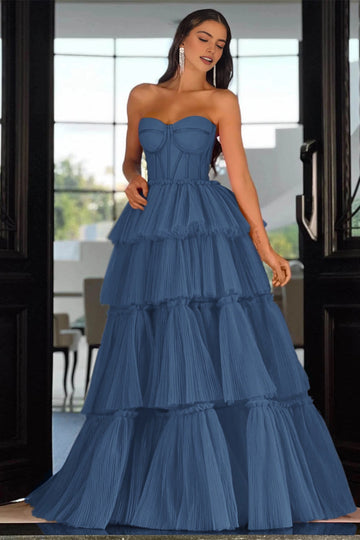 Vibrant Hot‑Pink A‑Line Strapless Sleeveless Lace‑Up‑Back Tiered Floor‑Length Prom Dress