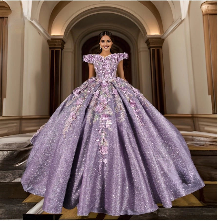 Lavender Off Shoulder 3D Floral Lace Up Back Quinceañera Dress