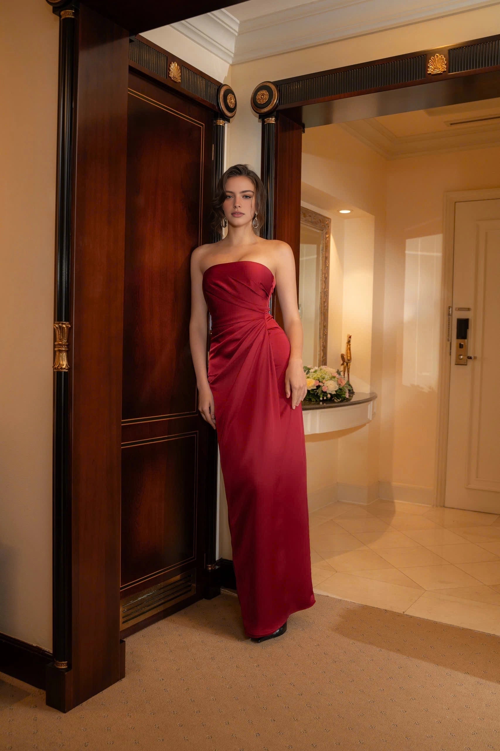 Sheath Satin Strapless Ruched Side‑Zip Floor‑Length Maxi Prom Dress
