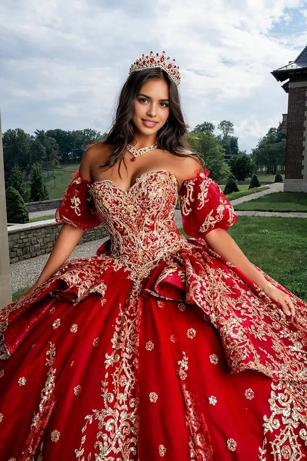 Gold Ball Gown Sweetheart Off Shoulder Corset Back Train Quinceañera Dress