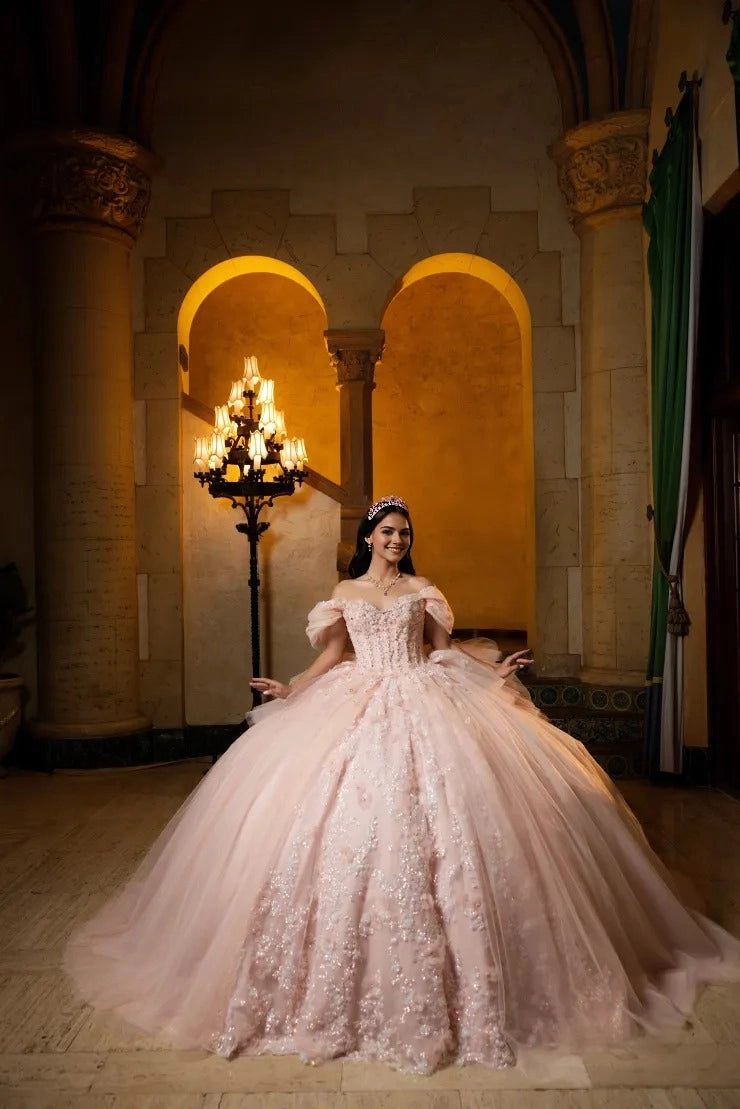 Blush Pink Ball Gown Off The Shoulder Puff Sleeves 3D Floral Appliques Lace Corset Back With Big Bow Quinceanera Dress