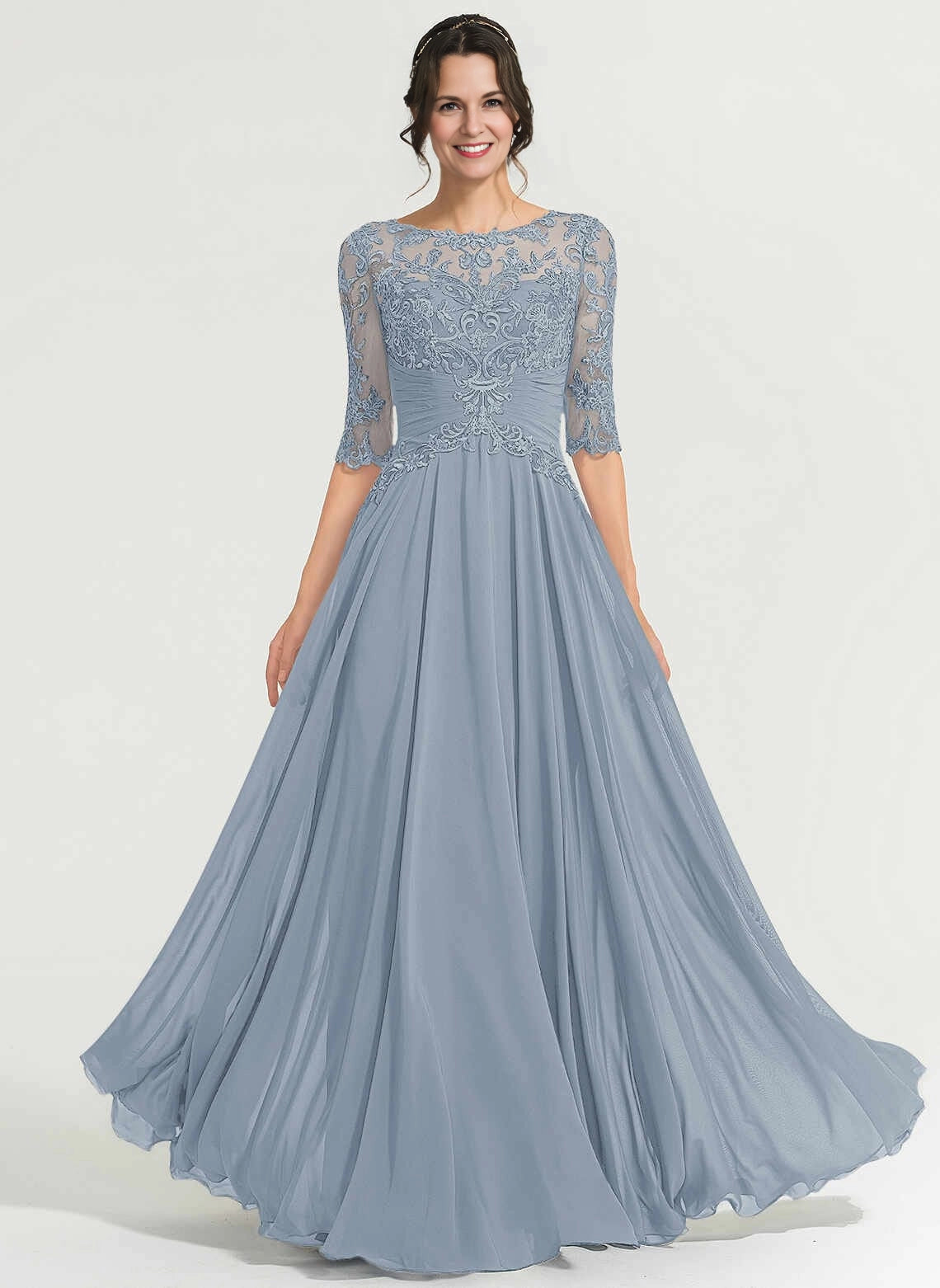 Modest A‑Line Illusion Neck Half Sleeve Zipper Back Long Mother Of The Bride Dress