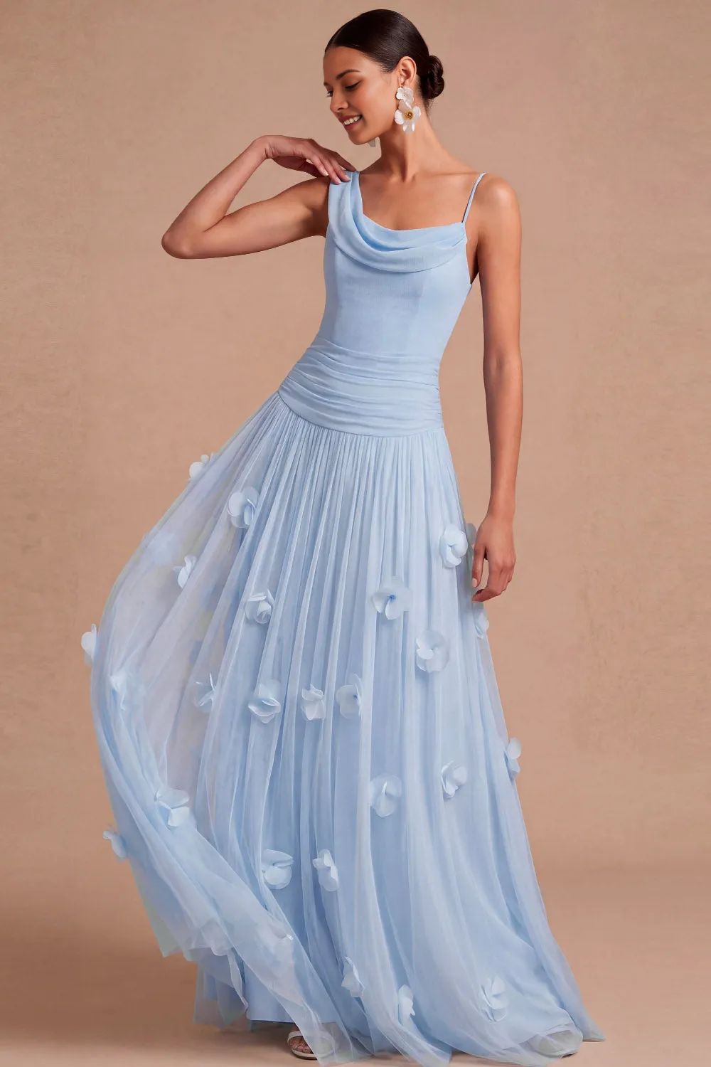 Asymmetrical Cowl Neck Spaghetti Strap 3D Floral Tulle A-Line Bridesmaid Maxi Dress