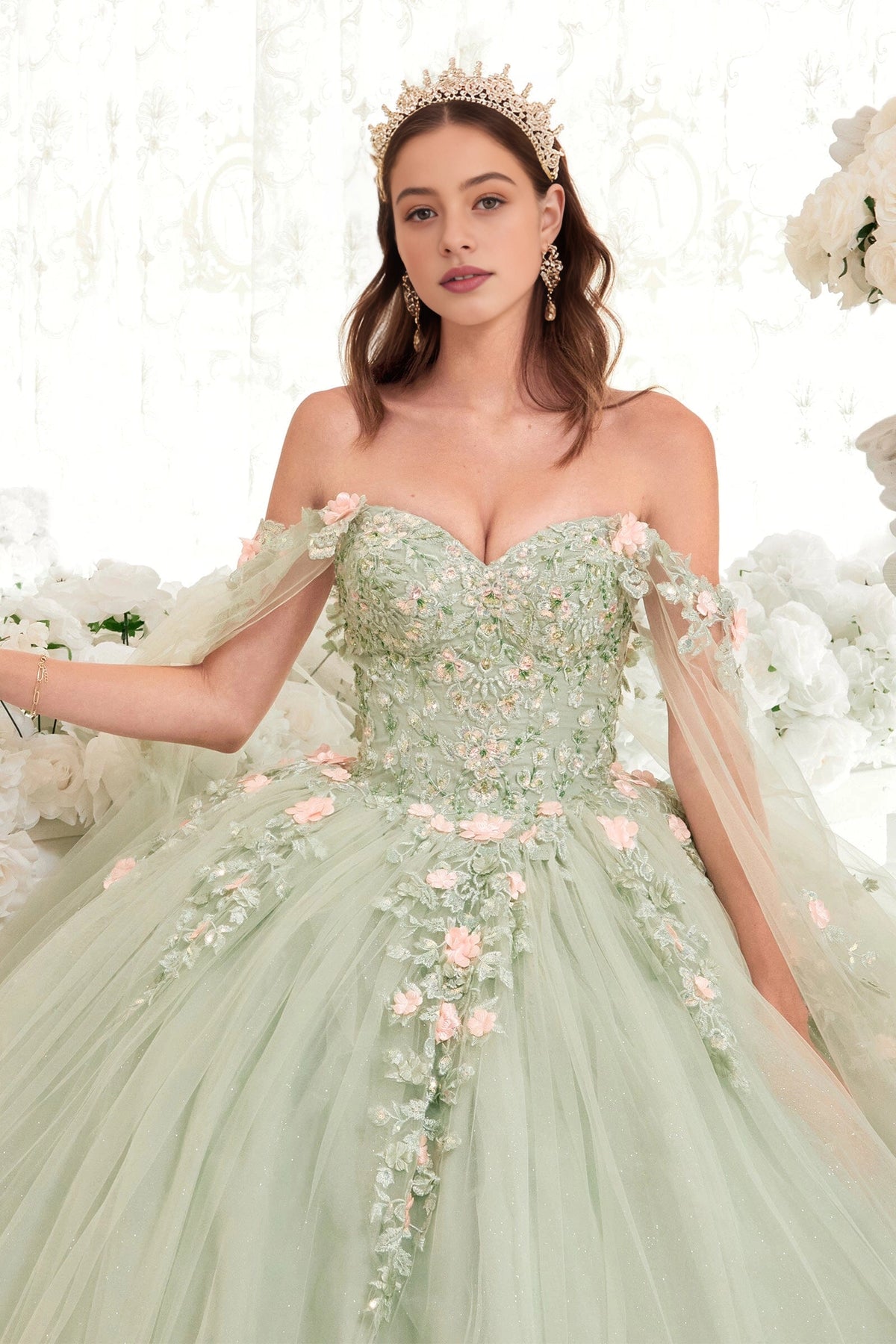 Dreamy Ball Gown Off‑Shoulder Sheer Sleeve Lace‑Up Back Cathedral Train Quinceanera Dress