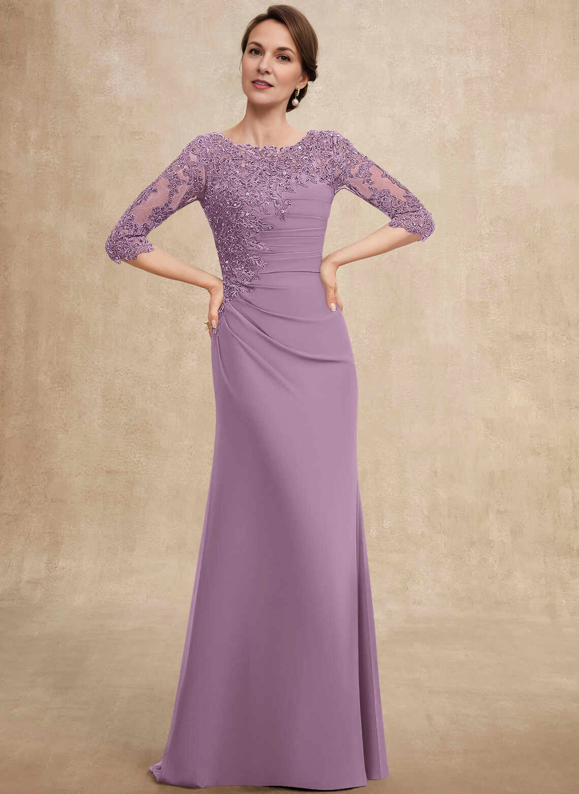 Elegant Sheath Boat Neck Lace Half Sleeve Zipper Back Long Mother Of The Bride Dress