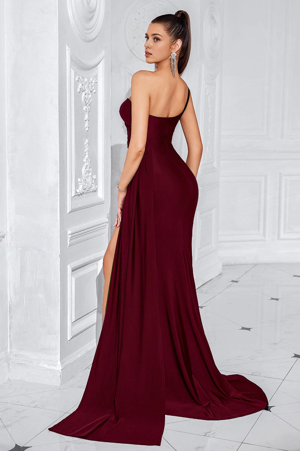 Solid Mermaid One Shoulder Closed Back Long Prom Dress