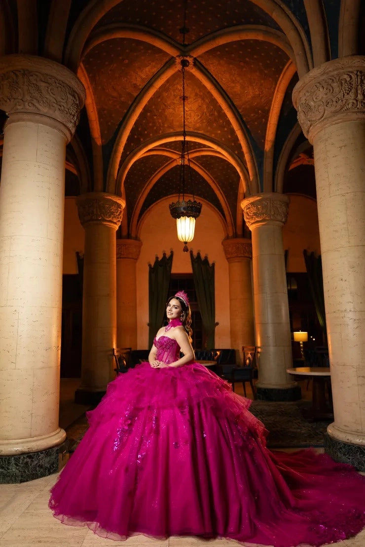 Fuchsia Strapless Ball Gown Lace-Up Back Court Train Quinceanera Dress
