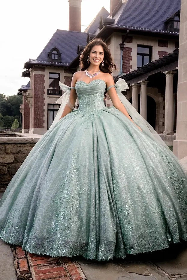 Glitter Ball Gown Sweetheart Off Shoulder Bow Corset Train Quinceañera Dress