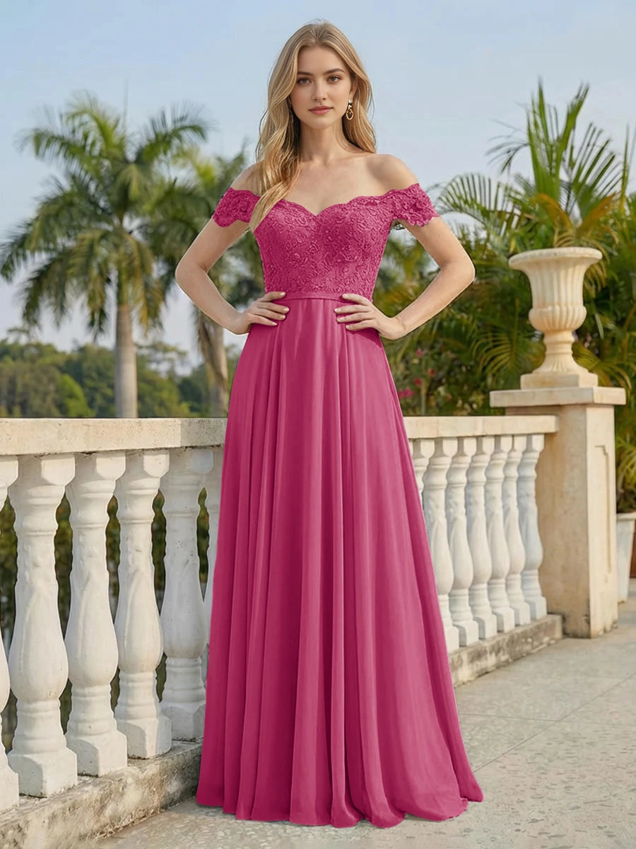 Dusty‑Blue A‑Line Off‑The‑Shoulder Short‑Sleeve Button‑Back Long Wedding Guest Dress