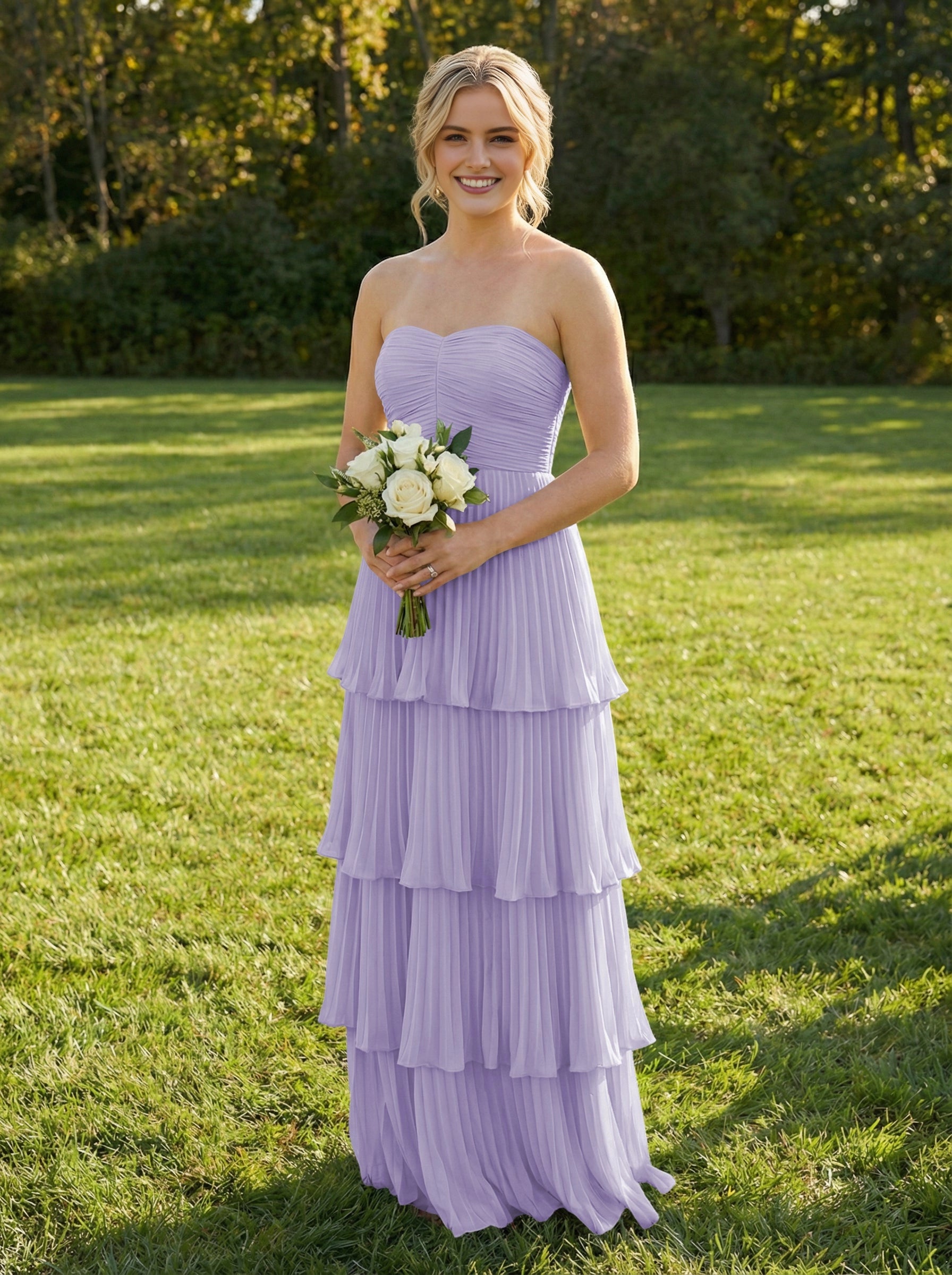Elegant A‑Line Strapless Sweetheart Zip‑Back Pleated Tiered Long Bridesmaid Dress