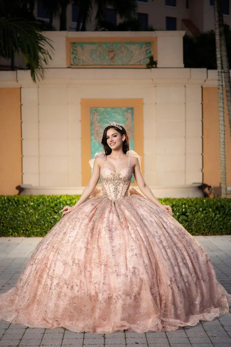 Blush Pink Ball Gown Off The Shoulder Tulle Bow Straps Glitter Lace Corset Back With Large Bow Quinceanera Dress