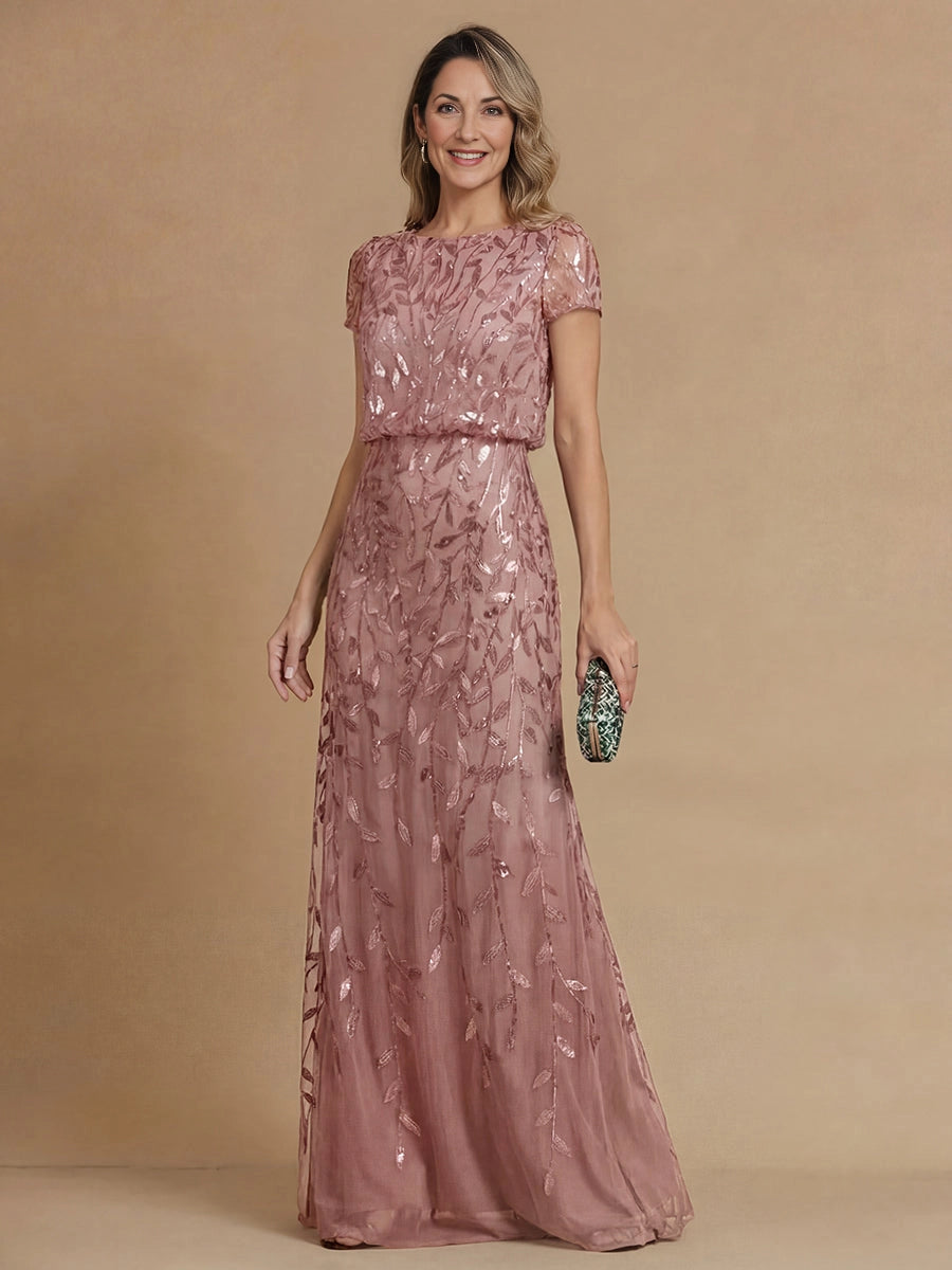 Elegant Mermaid Round‑Neck Short‑Sleeve Zip‑Back Long Mother Of The Bride Dress