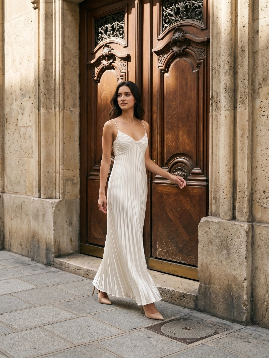 Gorgeous A‑Line V‑Neck Spaghetti‑Strap Open‑Back Floor‑Length Prom Dress