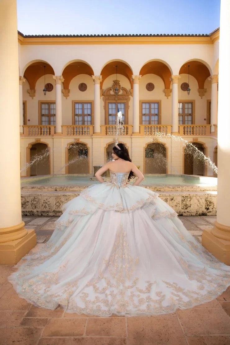 Vedress baby blue quinceanera dress strapless lace-up corset back tiered ruffled tulle court train ballgown back view