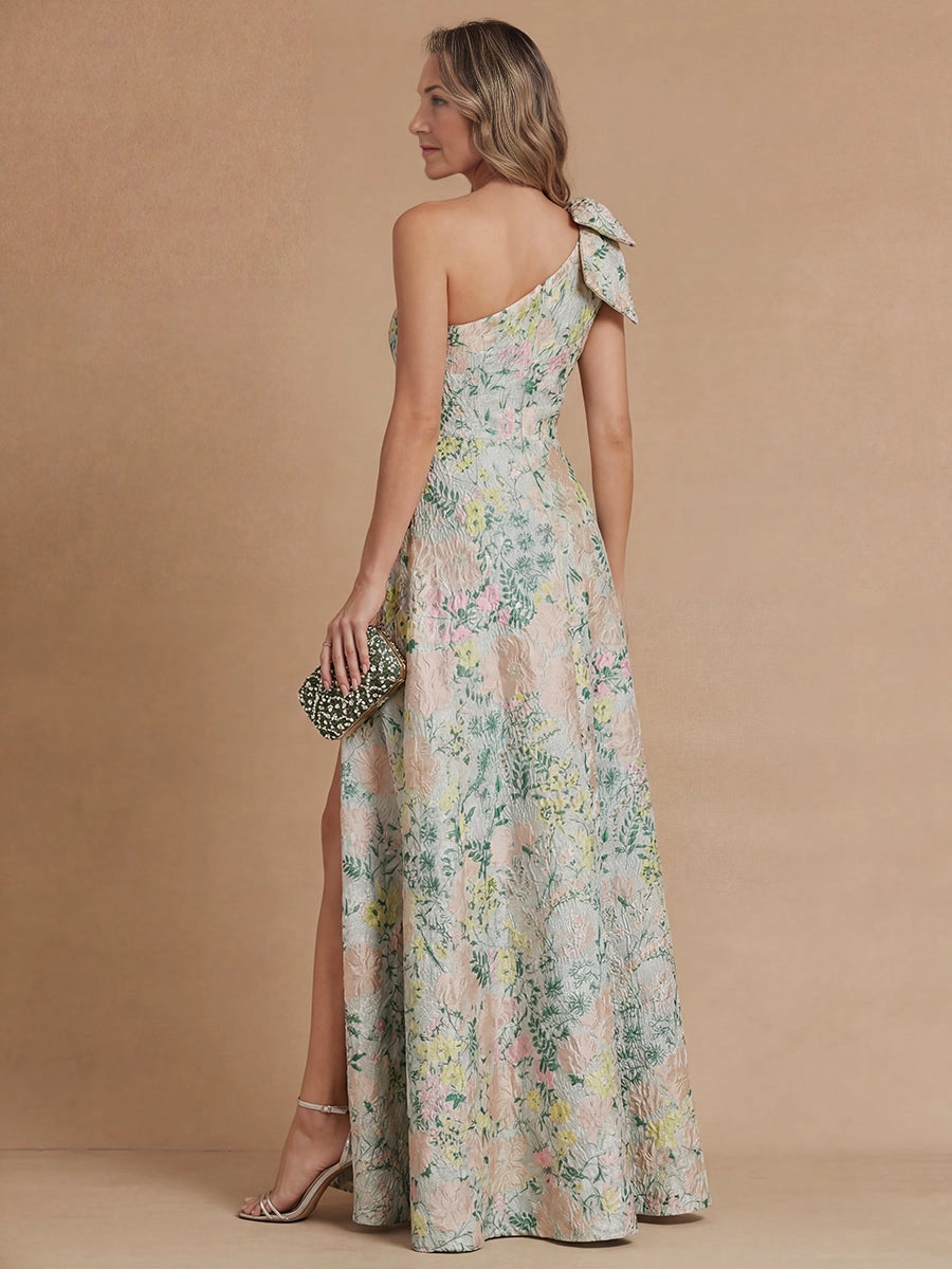 Zip‑back bow detail floral jacquard long formal mother of bride gown for beach wedding
