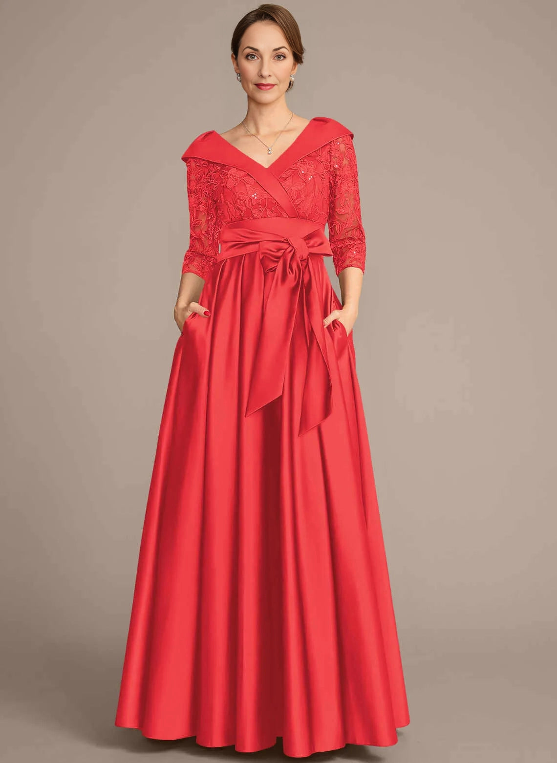 Elegant A‑Line V‑Neck 3/4 Sleeve Zipper‑Back Floor‑Length Mother Of The Bride Dress