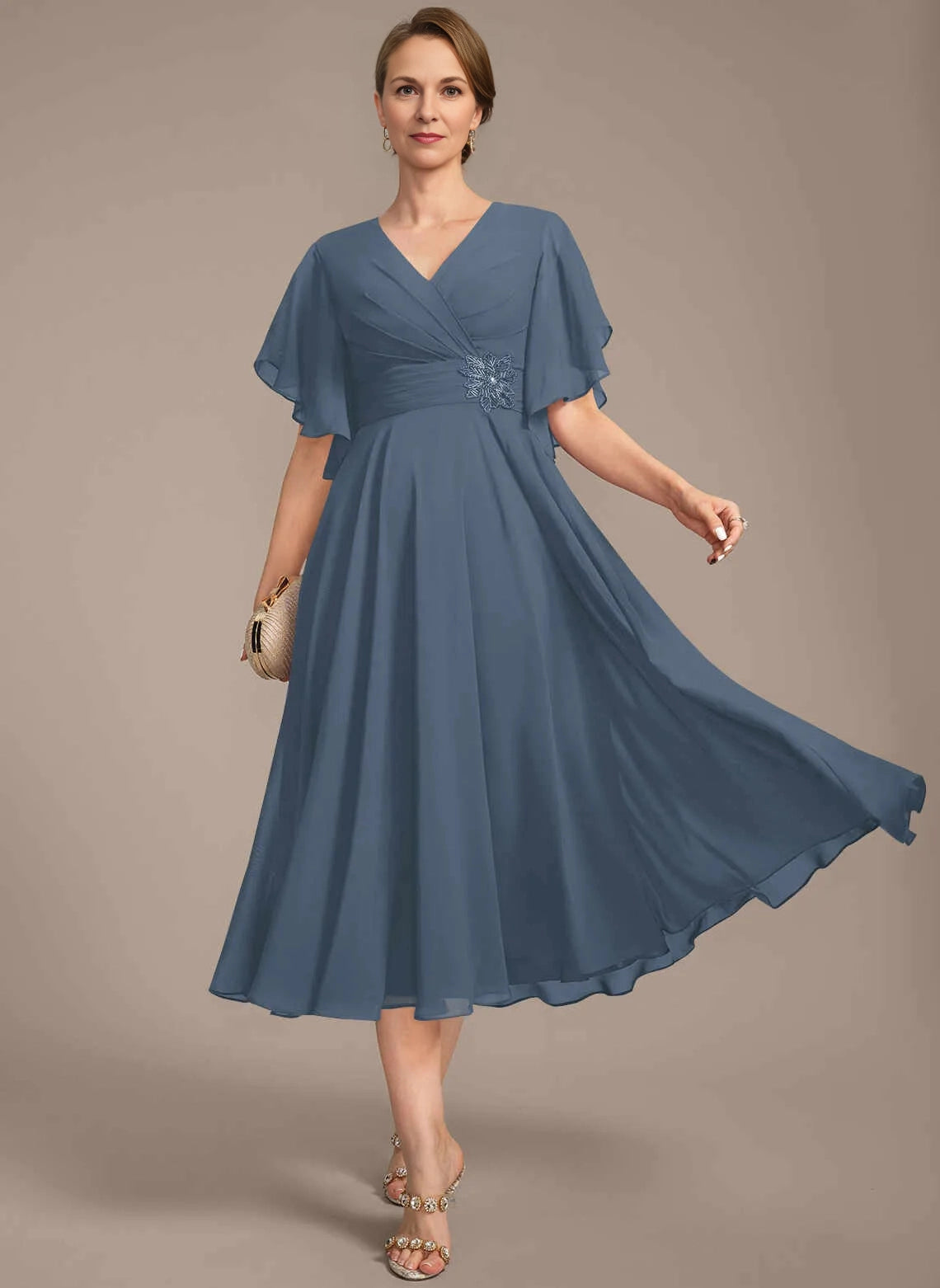 Modest A‑Line V‑Neck Flutter Sleeve Zipper Back Midi Mother Of The Bride Dress