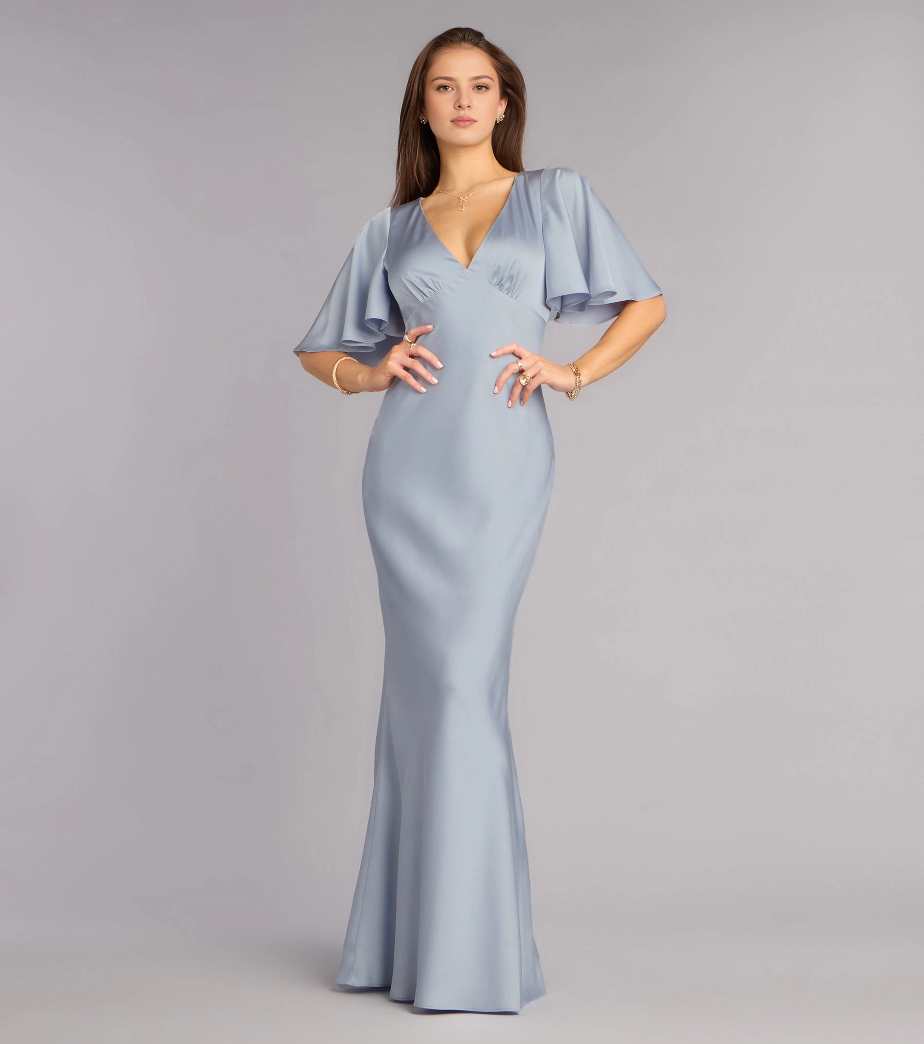 Vedress dusty blue satin mermaid prom gown deep v flutter sleeve front view