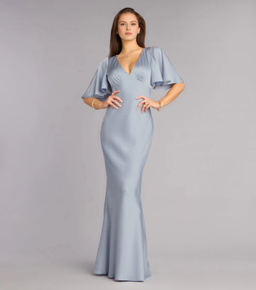 Vedress dusty blue satin mermaid prom gown deep v flutter sleeve front view