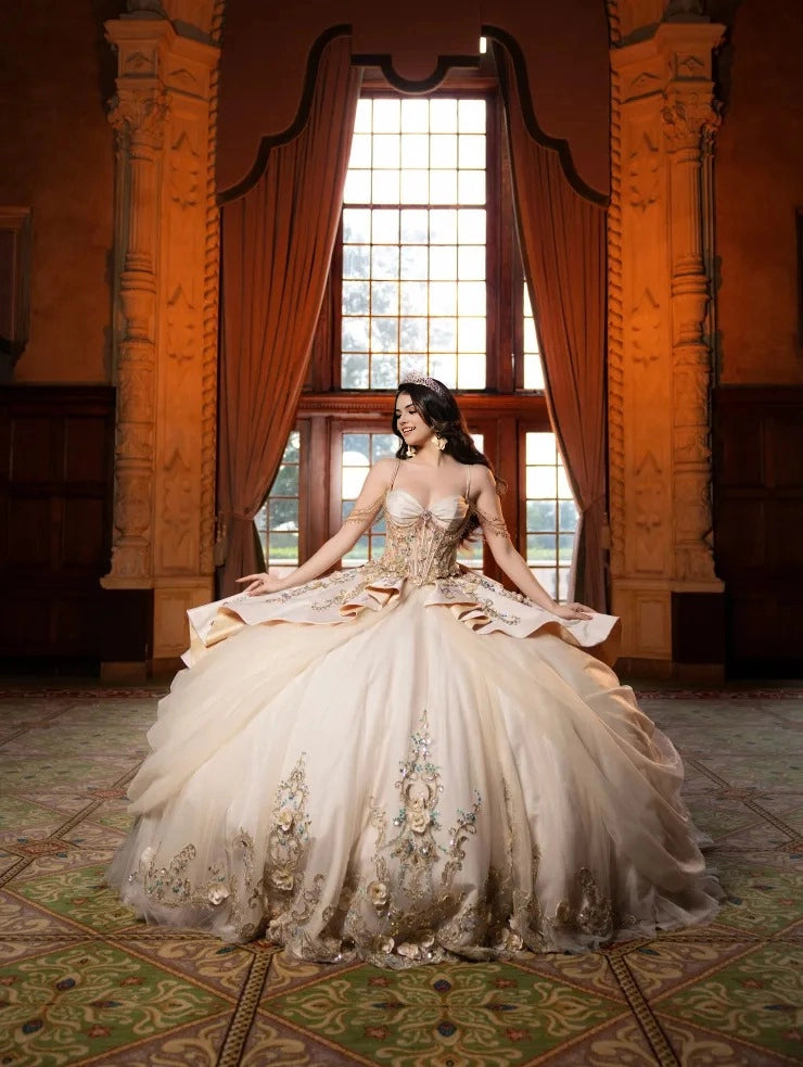 Ivory Ball Gown Sweetheart Spaghetti Straps Satin & Tulle 3D Floral Embroidery Big Back Bow Quinceanera Dress