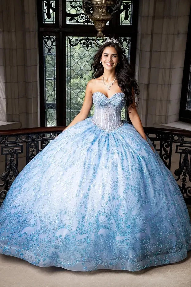Beaded Ball Gown Sweetheart Chain Strap Corset Bow Train Quinceañera Dress