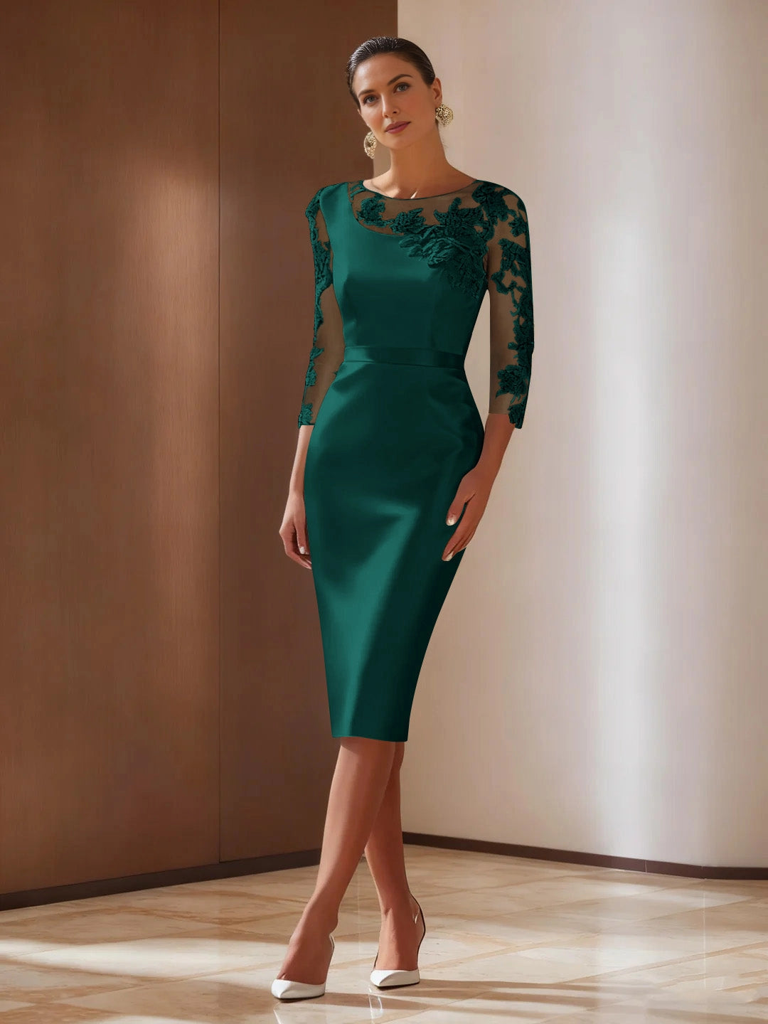 Sophisticated A‑Line Lapel‑V 3/4‑Sleeve Tie‑Back Midi Mother Of The Bride Dress