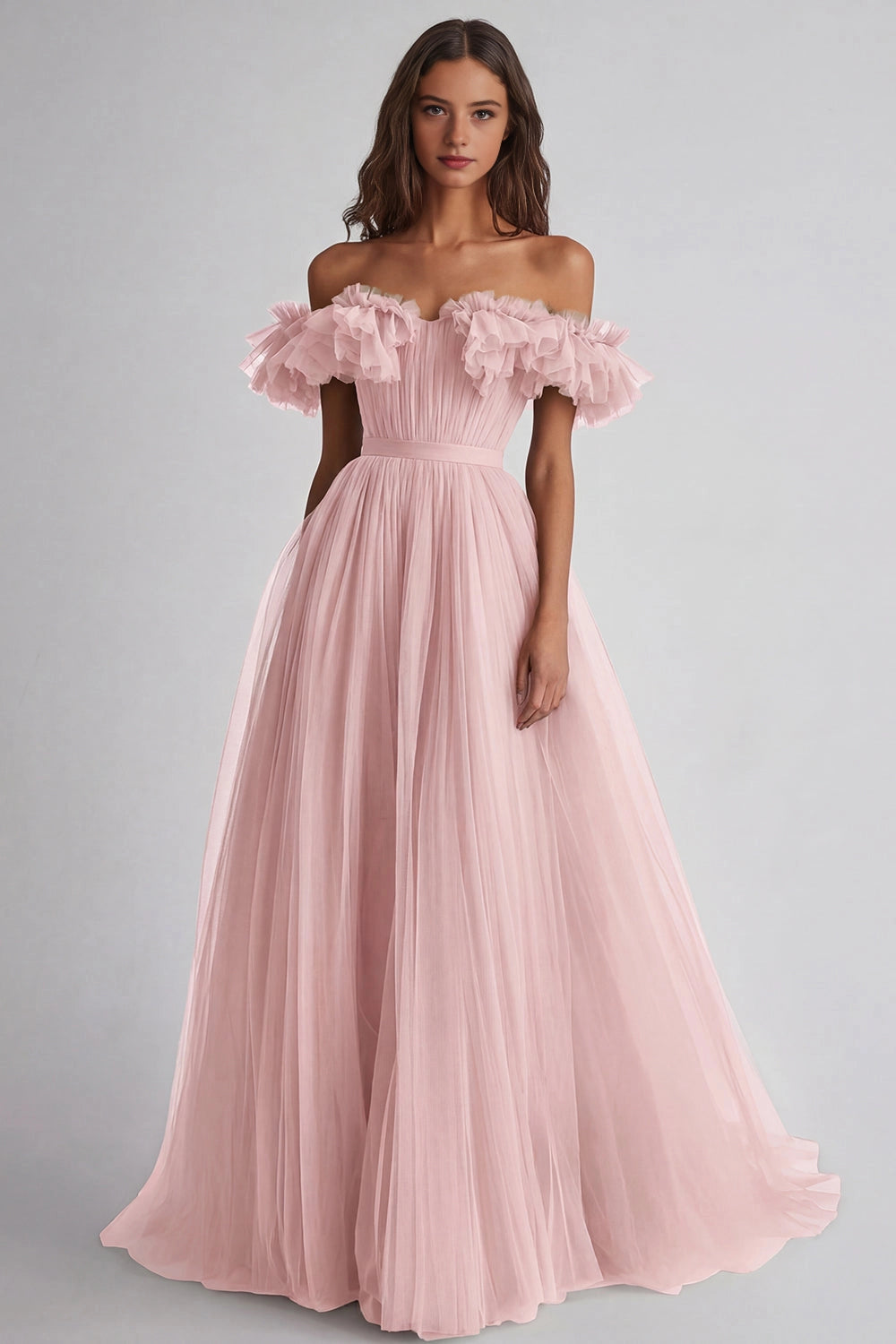 Tulle A-line Off-shoulder Ruffle Zip Back Maxi Wedding Guest Dress