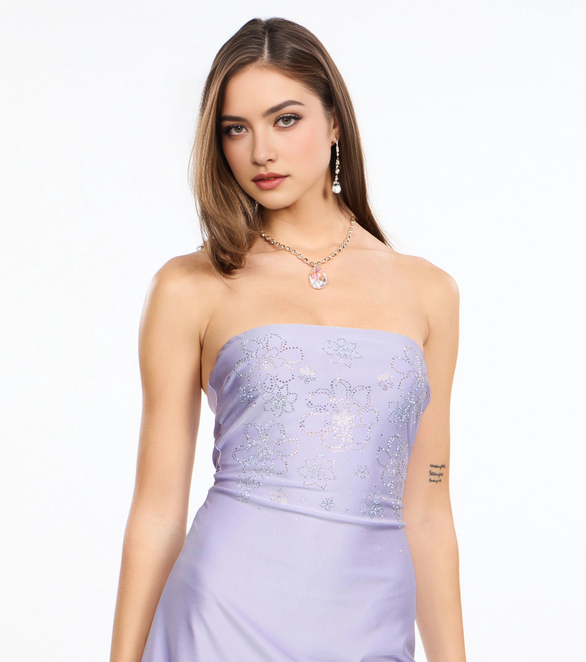 Lilac Satin FitFlare Strapless PlainBack Rhinestone Mini Homecoming Dress