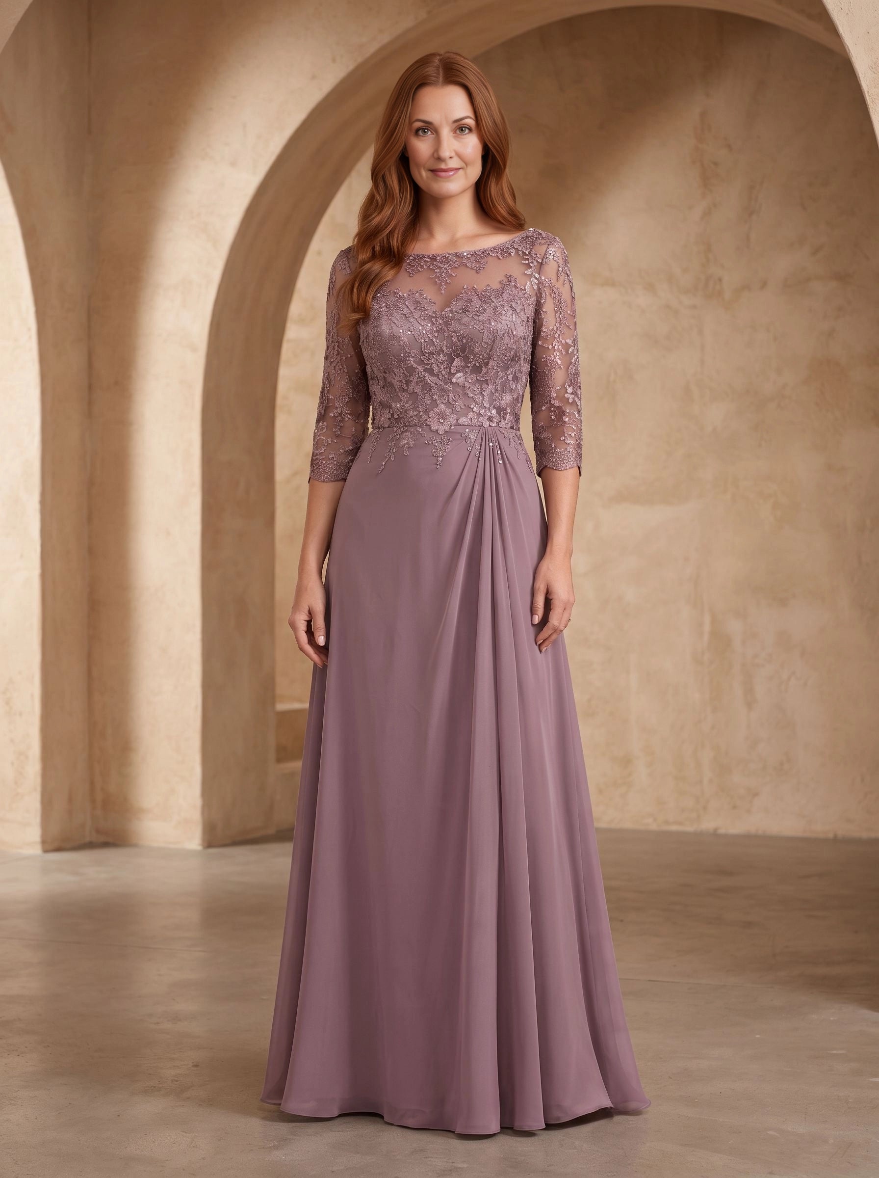 Elegant A‑Line Bateau‑Neck 3/4‑Sleeve Zip‑Back Long Mother Of The Bride Dress