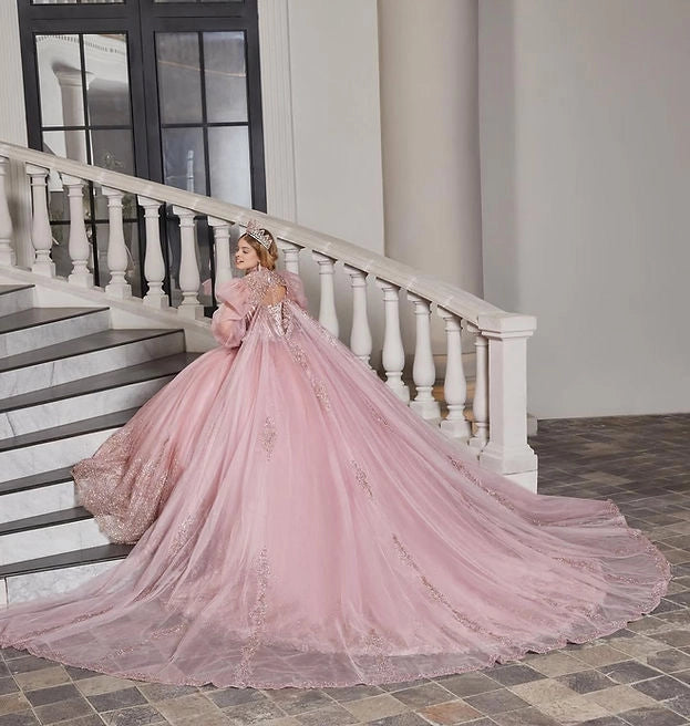 Back view Vedress dusty pink quinceanera gown corset lace-up back cutout back long sweeping cape train dress