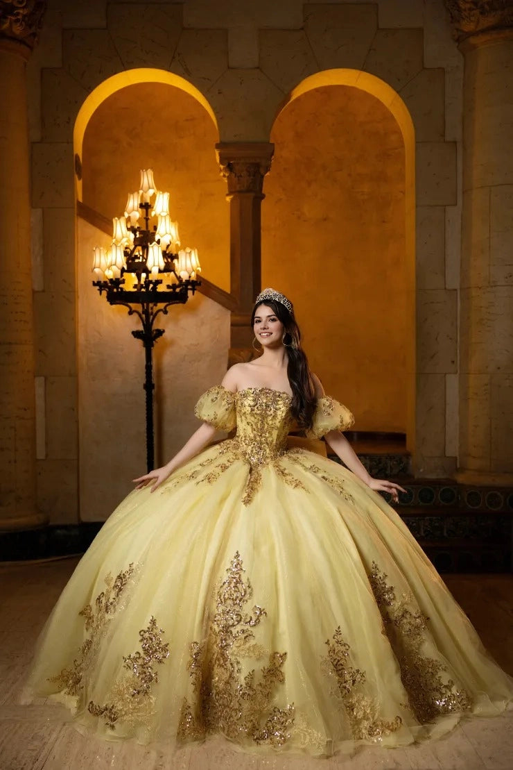 Pale Yellow Off Shoulder Ball Gown Lace-Up Back Court Train Quinceanera Dress
