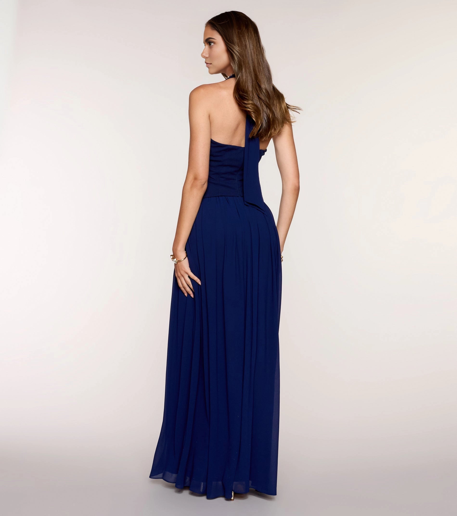 Back view Vedress navy halter open back chiffon long prom dress bridesmaid gown