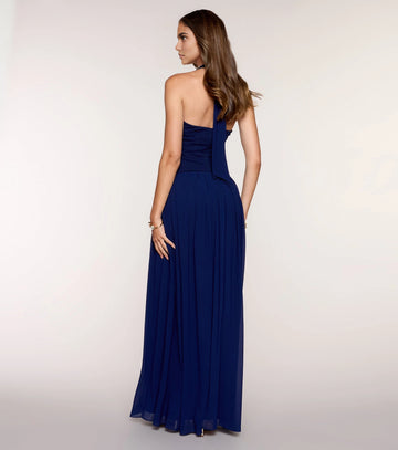Back view Vedress navy halter open back chiffon long prom dress bridesmaid gown
