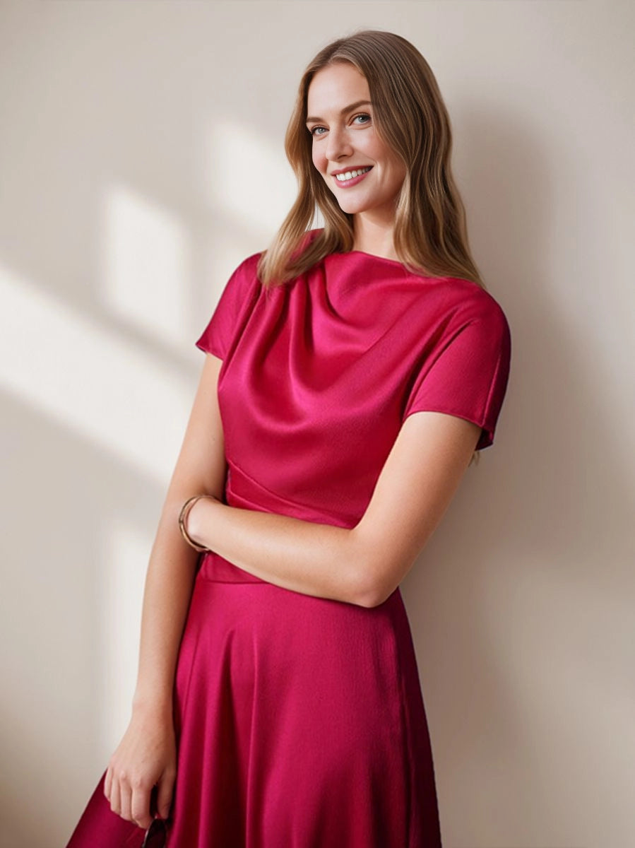 Modest A‑Line Cowl‑Neck Short‑Sleeve Zipper‑Back Midi Mother Of The Bride Dress