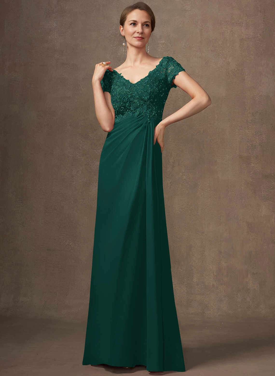 Elegant A‑Line V‑Neck Cap Sleeve Keyhole Back Floor‑Length Mother Of The Bride Dress