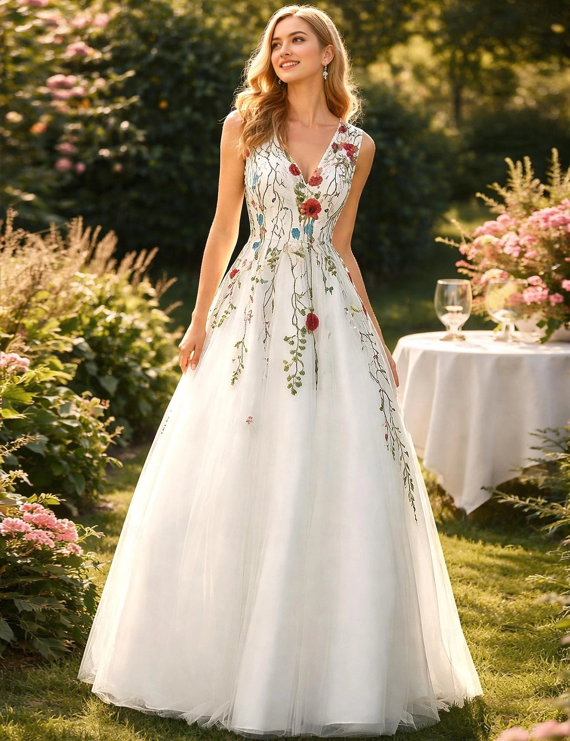 Romantic A Line V Neck Sleeveless Zip Back Long Prom Dress